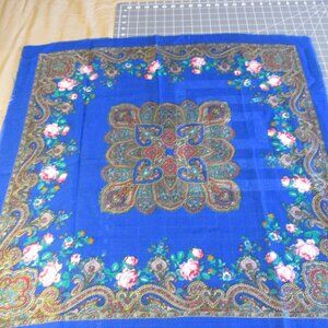 Vintage Scarf - Blue with Pink Flower Design - 100% Acrylic - Made in Japan